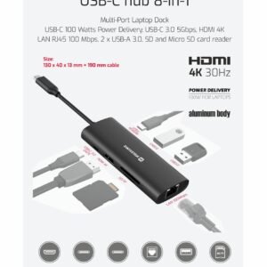 Swissten 8-in-1 USB-C Hub - 44040203 - With USB-C 100W, HDMI 4K, LAN RJ45, 2x USB-A, 1x USB-C 5GBps, SD, MICRO SD