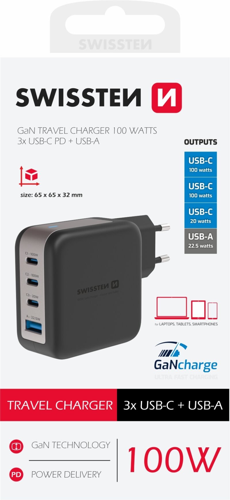 Swissten 100W Chargeur de voyage GaN 3x USB-C + USB-A - 22071600- Noir - 22071600- Noir