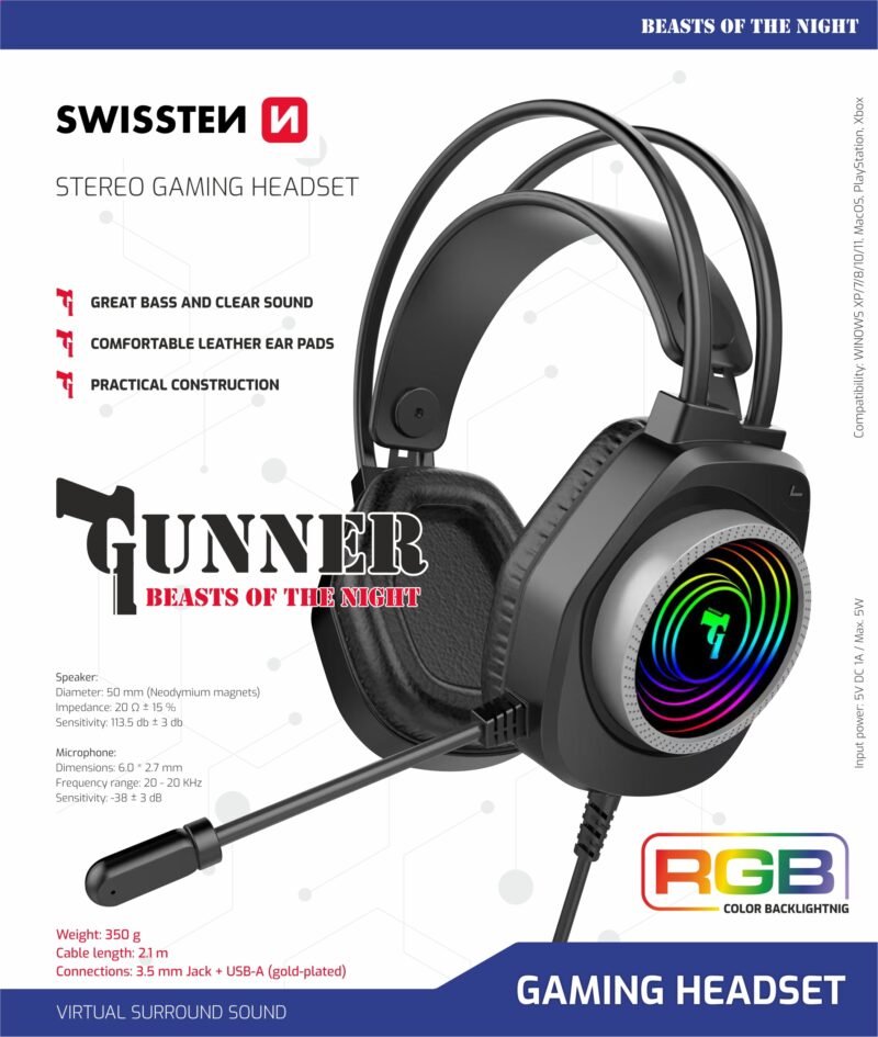 Swissten Casque de jeu Gunner - 59107200 - Noir