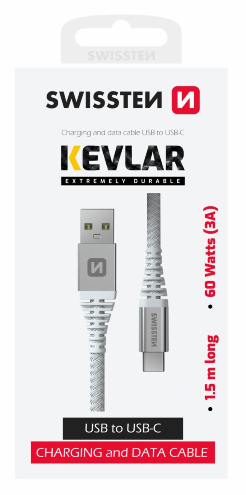 Swissten Kevlar USB-A To USB-C Cable - 71541011 - 1.5 Meter - Blanc