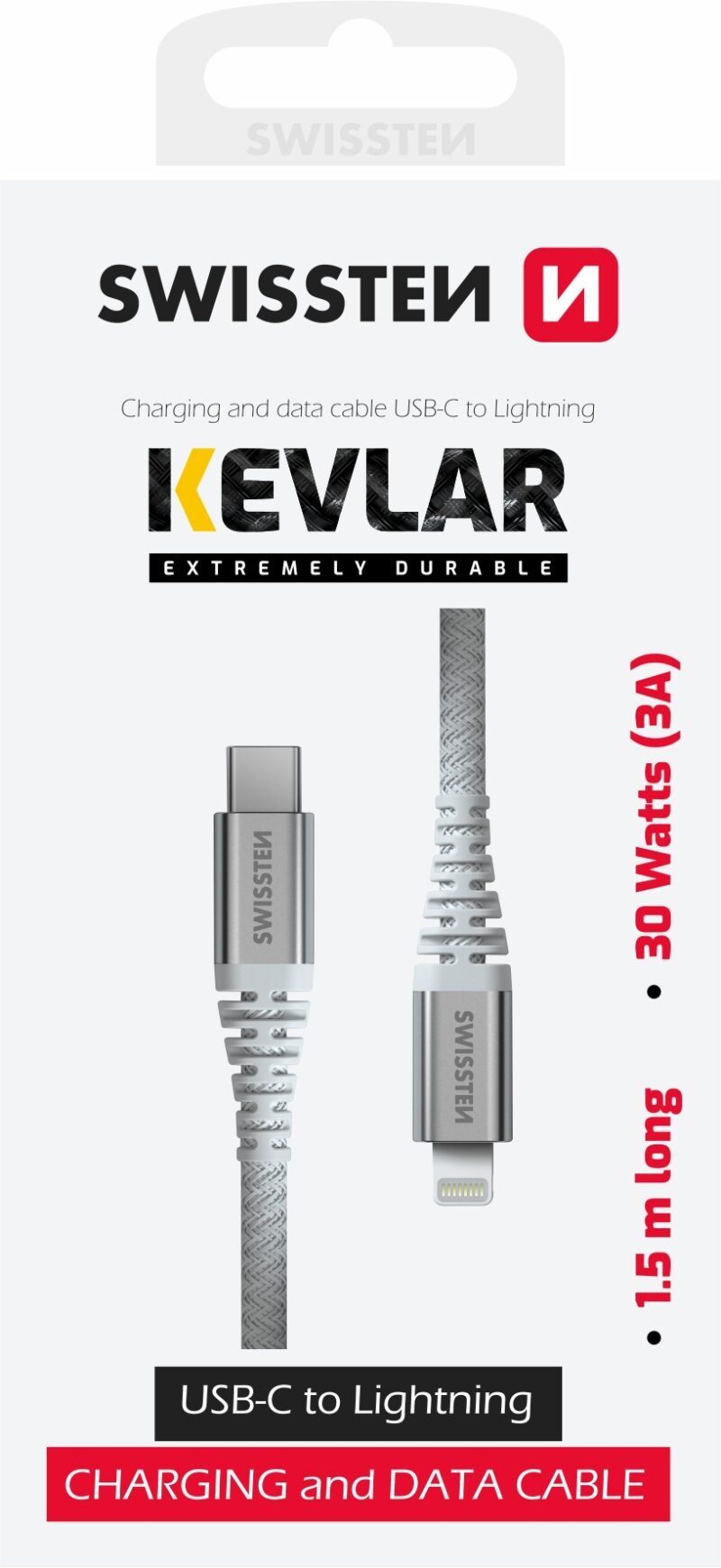 Swissten Kevlar Câble Lightning vers USB-C - 71541013 - 1,5 mètre - Blanc