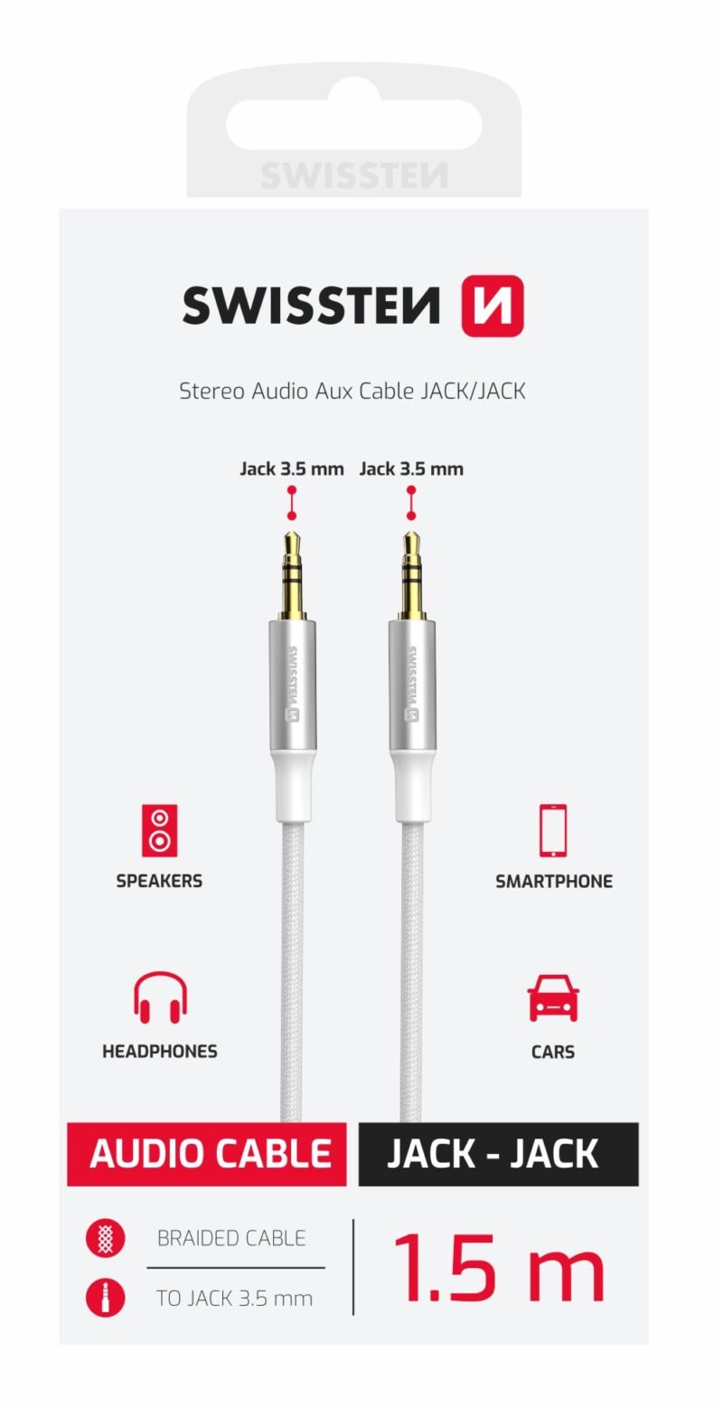 Swissten Câble audio Jack vers Jack 3,5 mm - 73501216 - 1,5 mètre - Blanc