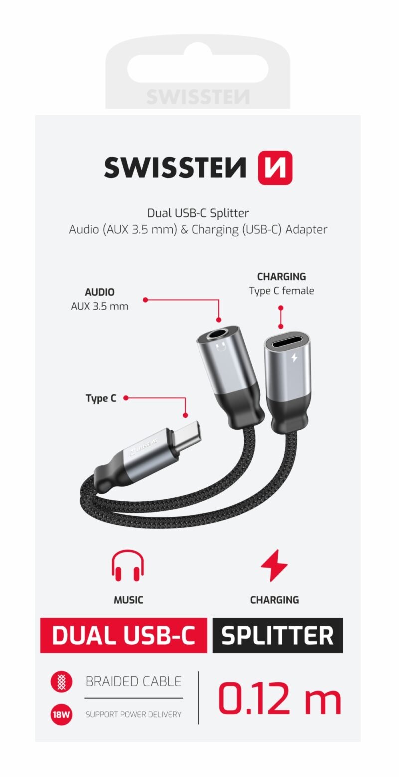 Swissten Textile Adaptateur de charge USB-C et audio 3,5 mm - 73502301/8595217487789