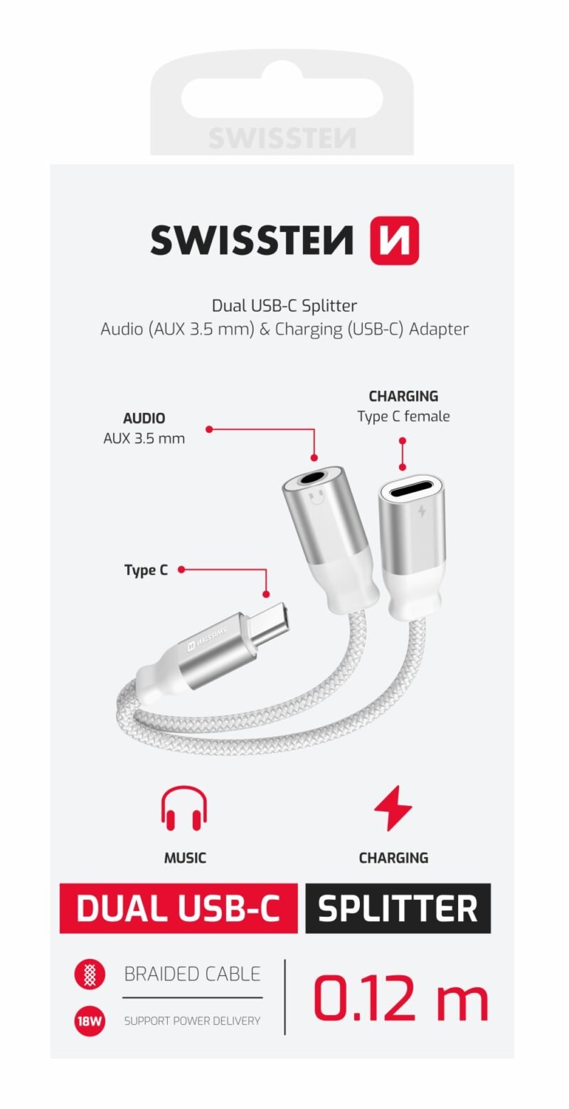Swissten Textile Adaptateur de charge USB-C et audio 3,5 mm - 73502304 - 0,12 m - Blanc