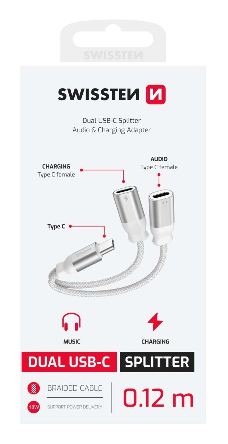 Swissten Textile Adaptateur de charge double USB-C - 73502305 - 0,12 m - Blanc