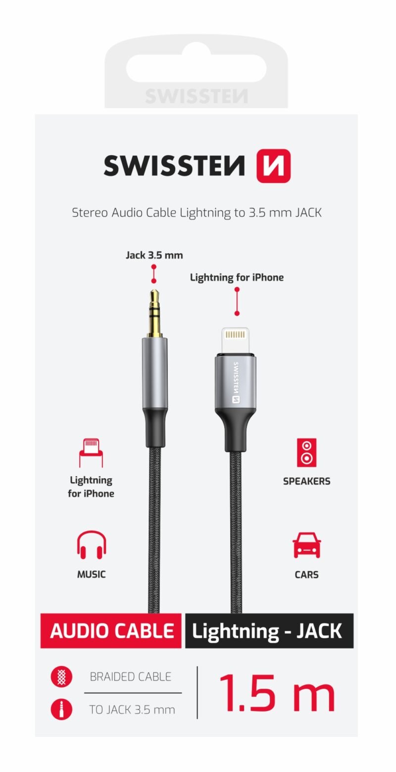 Swissten Textile Adaptateur audio Jack 3,5 mm (mâle) vers Lightning - 73502307 - 1,5 mètre - Noir 2 Swissten Textile Adaptateur audio Jack 3,5 mm (mâle) vers Lightning - 73502307 - 1,5 mètre - Noir