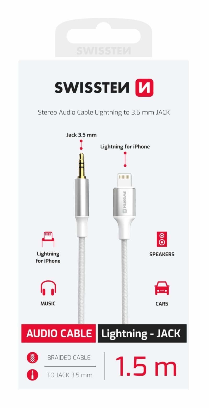 Swissten Textile 3.5mm Adaptateur audio Jack (mâle) vers Lightning - 73502308 - 1,5 mètre - Blanc