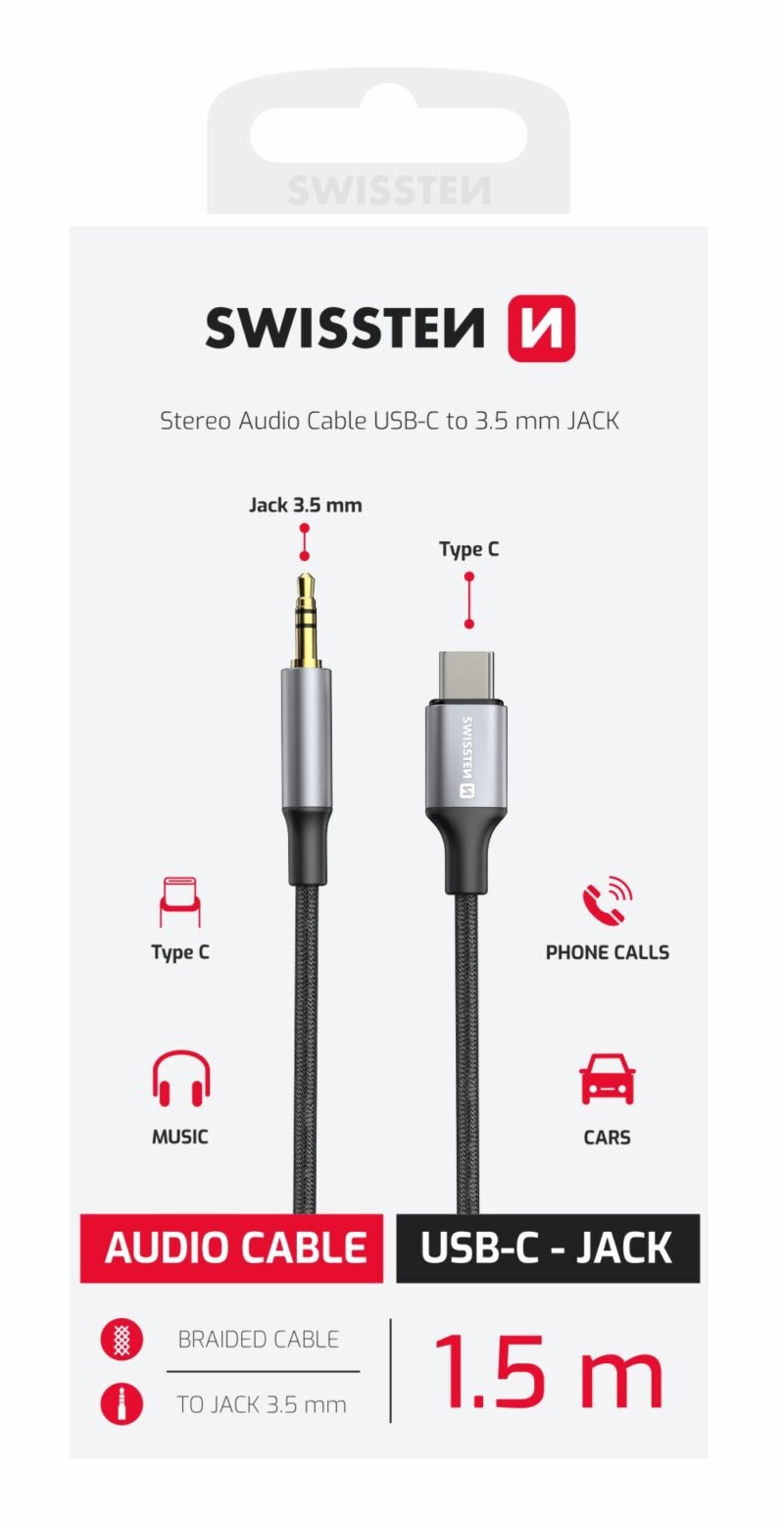 Swissten Textile Adaptateur audio Jack 3,5 mm (mâle) vers USB-C - 73502309 - 1,5 mètre - Noir