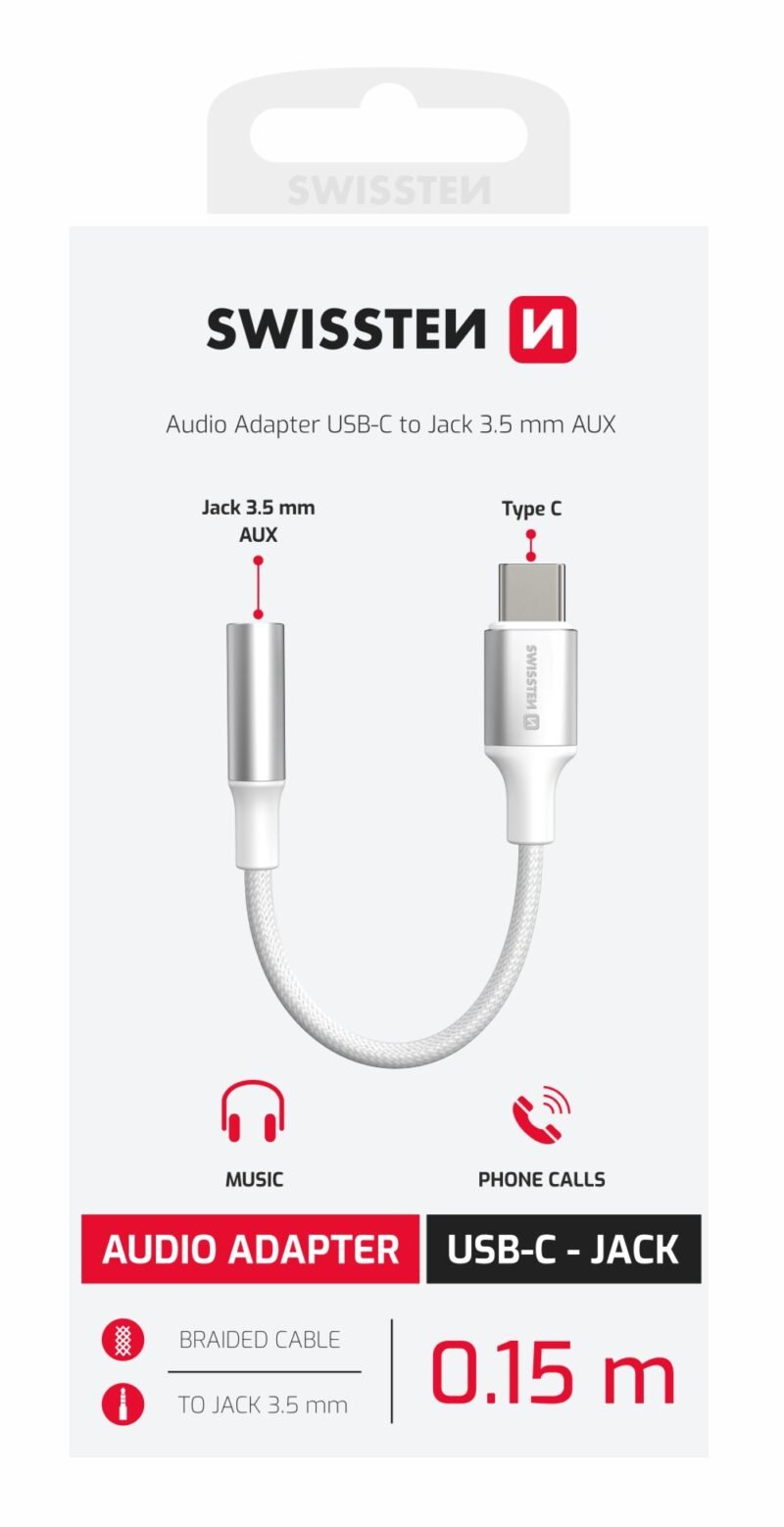 Swissten Textile Adaptateur Aux 3,5 mm (femelle) vers USB-C - 73502312 - 0,12 m - Blanc