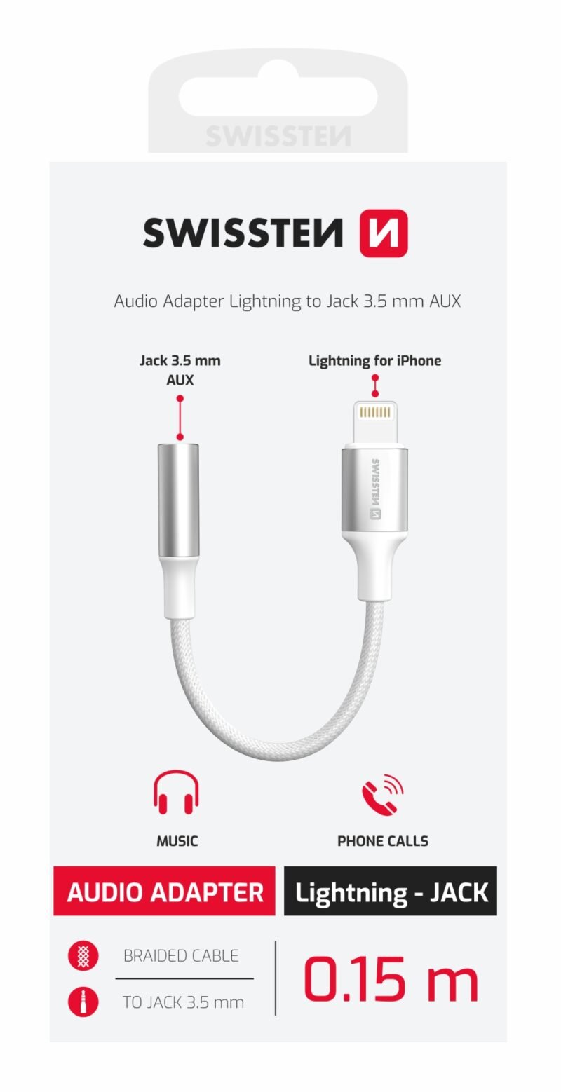 Swissten Textile Adaptateur Aux (femelle) vers Lightning 3,5 mm - 73502314 - 0,12 m - Blanc