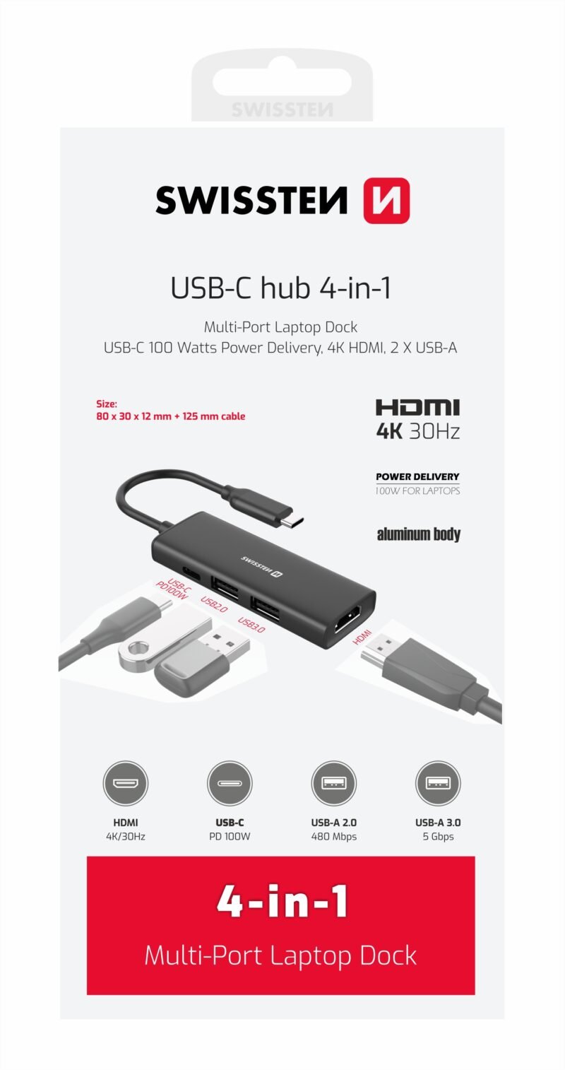 Swissten Hub USB-C 4 en 1 - 44040201 - Avec USB-C 100 W, HDMI 4K, 2x USB-A