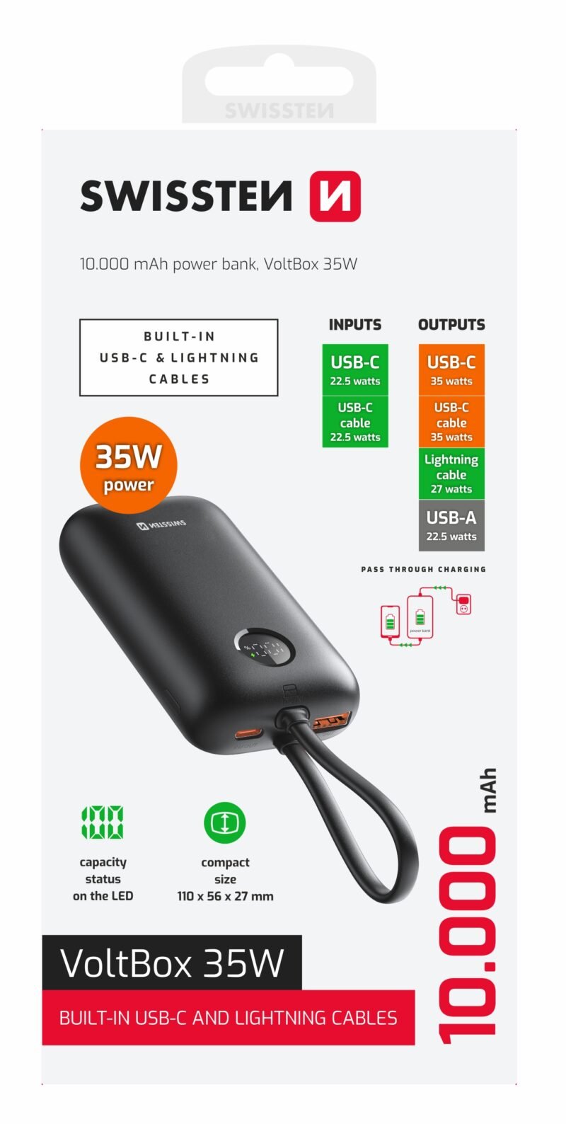 Batterie externe Swissten 35 W VoltBox - 22013936 - Avec câbles USB-C et Lightning intégrés - 10 000 mAh - Noir