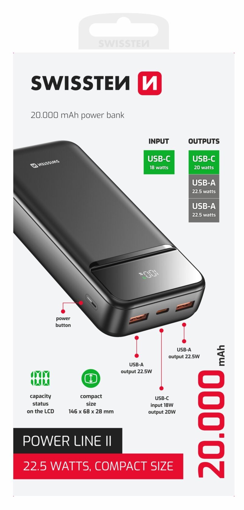Batterie externe Swissten Powerline II - 22013947 - 20.000 mAh - Noir