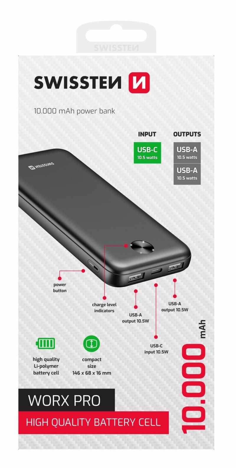 Batterie externe Swissten Worx Pro - 22013949 - 10.000 mAh - Noir