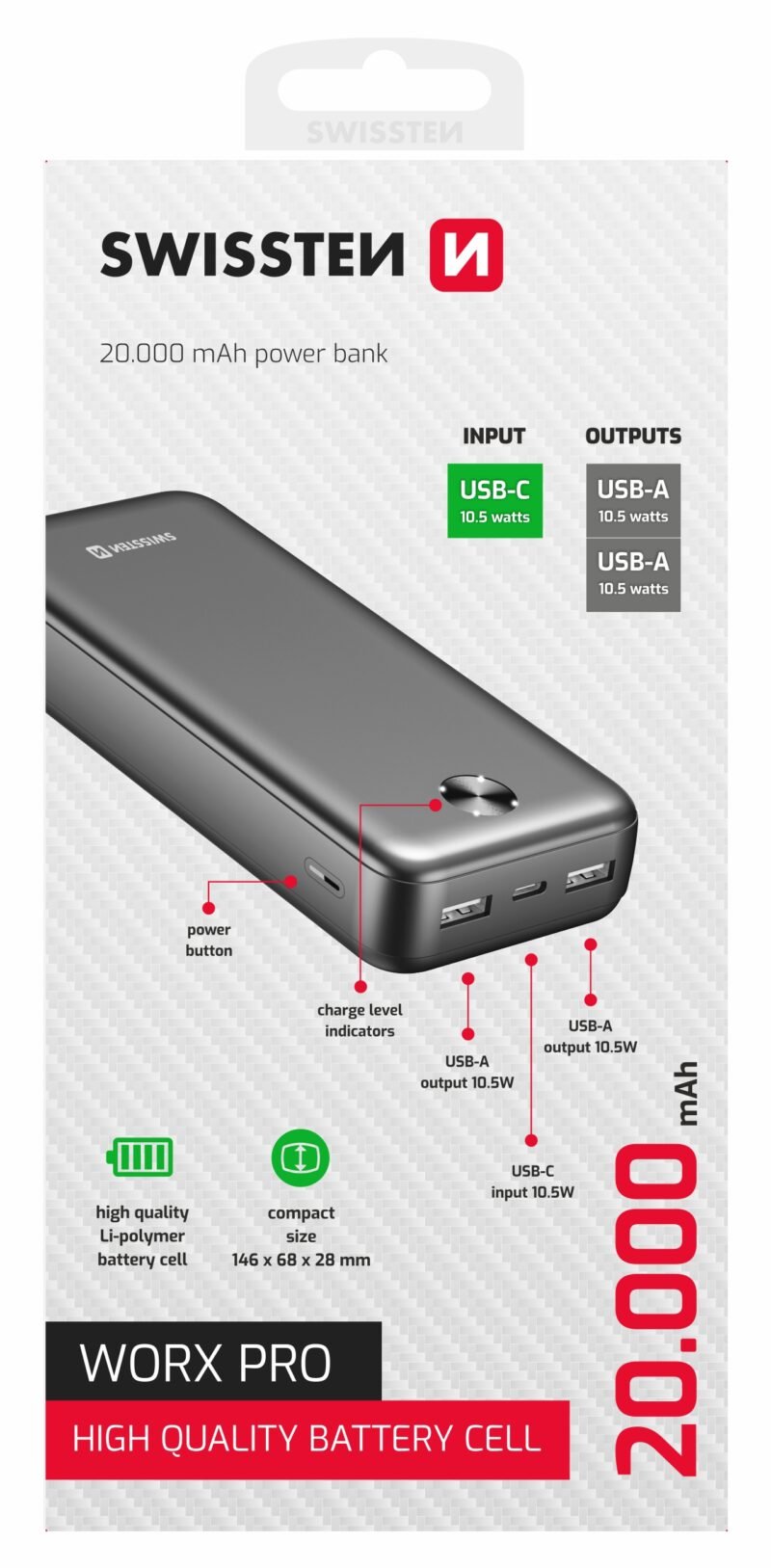 Batterie externe Swissten Worx Pro - 22013961 - 20.000 mAh - Noir