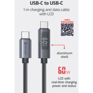 Câble USB-C vers USB-C Swissten avec écran LCD - 71551075 - 1 mètre - Noir