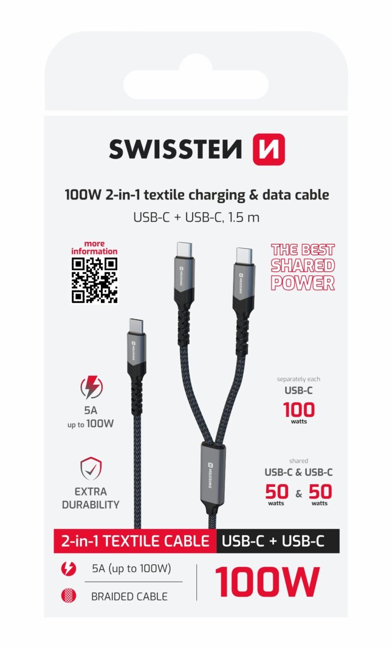 Câble textile 2 en 1 double USB-C Swissten (100 W) - 72501201 - 1,5 mètre 2 Câble textile 2 en 1 double USB-C Swissten (100 W) - 72501201 - 1,5 mètre
