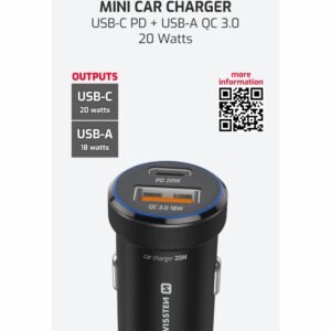Swissten double USB-C et amplificateur Mini chargeur de voiture USB-A (20 W) - 20111901 - Noir