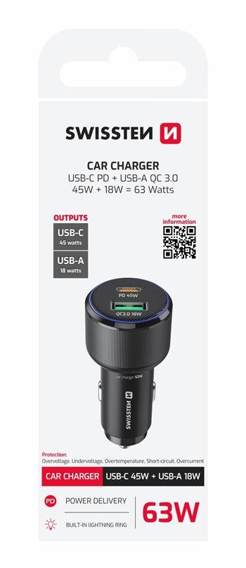 Swissten double USB-C et amplificateur Chargeur de voiture USB-A (63 W) - 20111903 - Noir 2 Swissten double USB-C et amplificateur Chargeur de voiture USB-A (63 W) - 20111903 - Noir