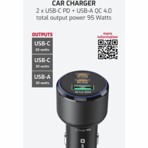 Chargeur de voiture Swissten triple USB-C et USB-A (95 W) - 20111906 - Noir