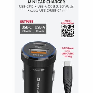 Swissten double USB-C et amplificateur Mini chargeur de voiture USB-A (20 W) - 20111907 - Avec câble USB-C - Noir