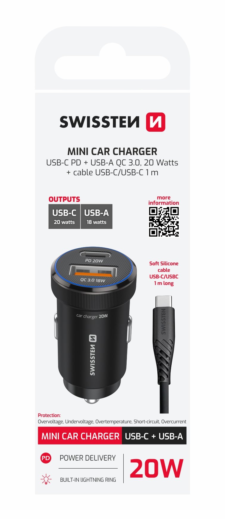 Swissten double USB-C et amplificateur Mini chargeur de voiture USB-A (20 W) - 20111907 - Avec câble USB-C - Noir 2 Swissten double USB-C et amplificateur Mini chargeur de voiture USB-A (20 W) - 20111907 - Avec câble USB-C - Noir