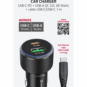 Swissten double USB-C et amplificateur Chargeur de voiture USB-A (38 W) - 20111908 - Avec câble USB-C - Noir