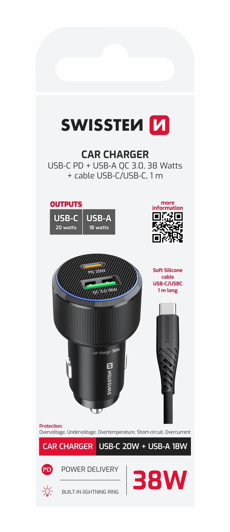 Swissten double USB-C et amplificateur Chargeur de voiture USB-A (38 W) - 20111908 - Avec câble USB-C - Noir 2 Swissten double USB-C et amplificateur Chargeur de voiture USB-A (38 W) - 20111908 - Avec câble USB-C - Noir