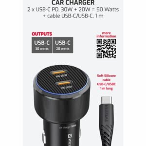 Chargeur de voiture Swissten Dual USB-C (50W) - 20111909 - Avec câble USB-C - Noir