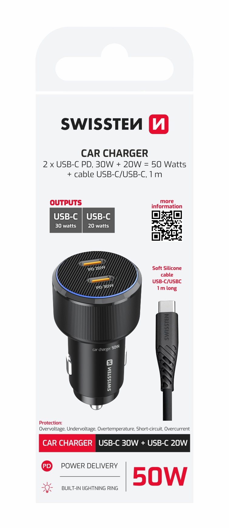 Chargeur de voiture Swissten Dual USB-C (50W) - 20111909 - Avec câble USB-C - Noir 2 Chargeur de voiture Swissten Dual USB-C (50W) - 20111909 - Avec câble USB-C - Noir