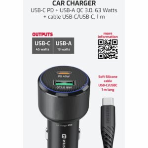 Swissten double USB-C et amplificateur Chargeur de voiture USB-A (63 W) - 20111910 - Avec câble USB-C - Noir