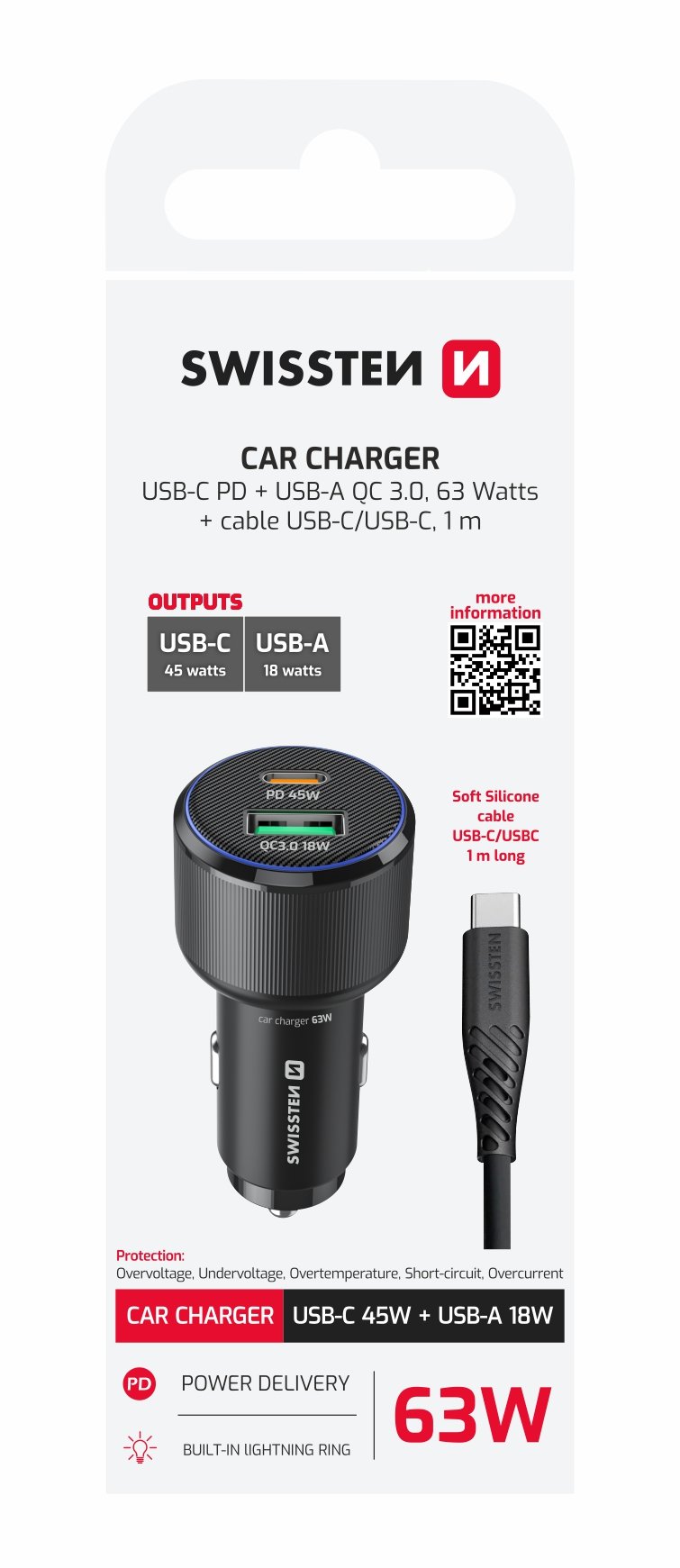 Swissten double USB-C et amplificateur Chargeur de voiture USB-A (63 W) - 20111910 - Avec câble USB-C - Noir 2 Swissten double USB-C et amplificateur Chargeur de voiture USB-A (63 W) - 20111910 - Avec câble USB-C - Noir