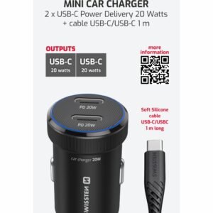 Mini chargeur de voiture Swissten Dual USB-C (20 W) - 20111911 - Avec câble USB-C - Noir