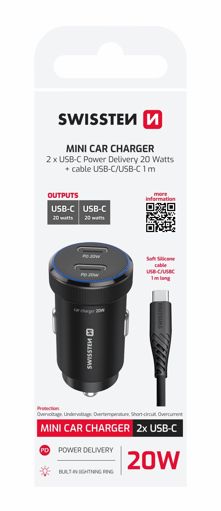 Mini chargeur de voiture Swissten Dual USB-C (20 W) - 20111911 - Avec câble USB-C - Noir 2 Mini chargeur de voiture Swissten Dual USB-C (20 W) - 20111911 - Avec câble USB-C - Noir