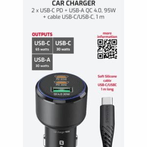 Chargeur de voiture Swissten Triple USB-C et USB-A (95W) - 20111912 - Avec câble USB-C - Noir