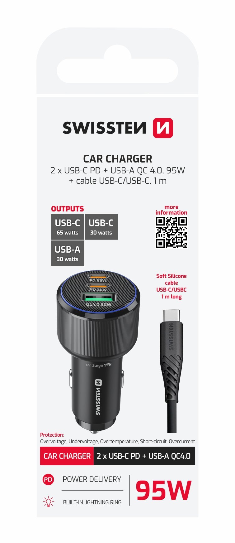 Chargeur de voiture Swissten Triple USB-C et USB-A (95W) - 20111912 - Avec câble USB-C - Noir 2 Chargeur de voiture Swissten Triple USB-C et USB-A (95W) - 20111912 - Avec câble USB-C - Noir