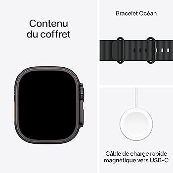 Apple Watch Ultra 3 GPS + Cellular, Boîtier en titane noir de 49 mm, Bracelet Océan noircc