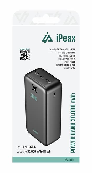 Batterie externe iPeax 10,5 W double USB-A - 90010120 - 30 000 mAh - Noir