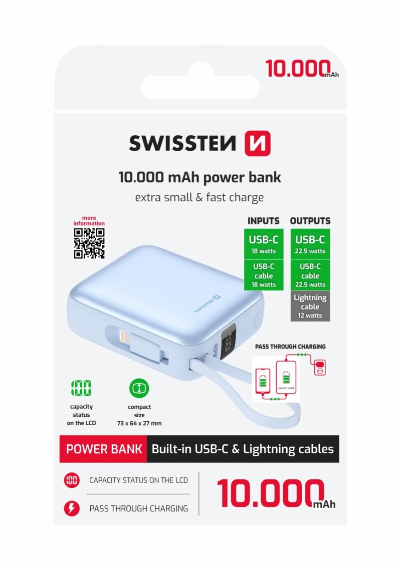 Swissten Space Powerbank - 22013984 - Avec câbles USB-C et Lightning intégrés - 10.000 mAh - Bleu
