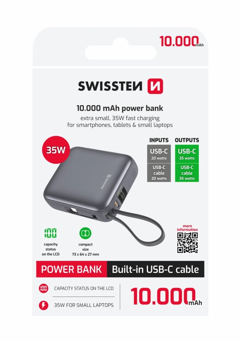 Swissten Space Powerbank (35W) - 22013986 - Avec câbles USB-C et Lightning intégrés - 10.000 mAh - Gris
