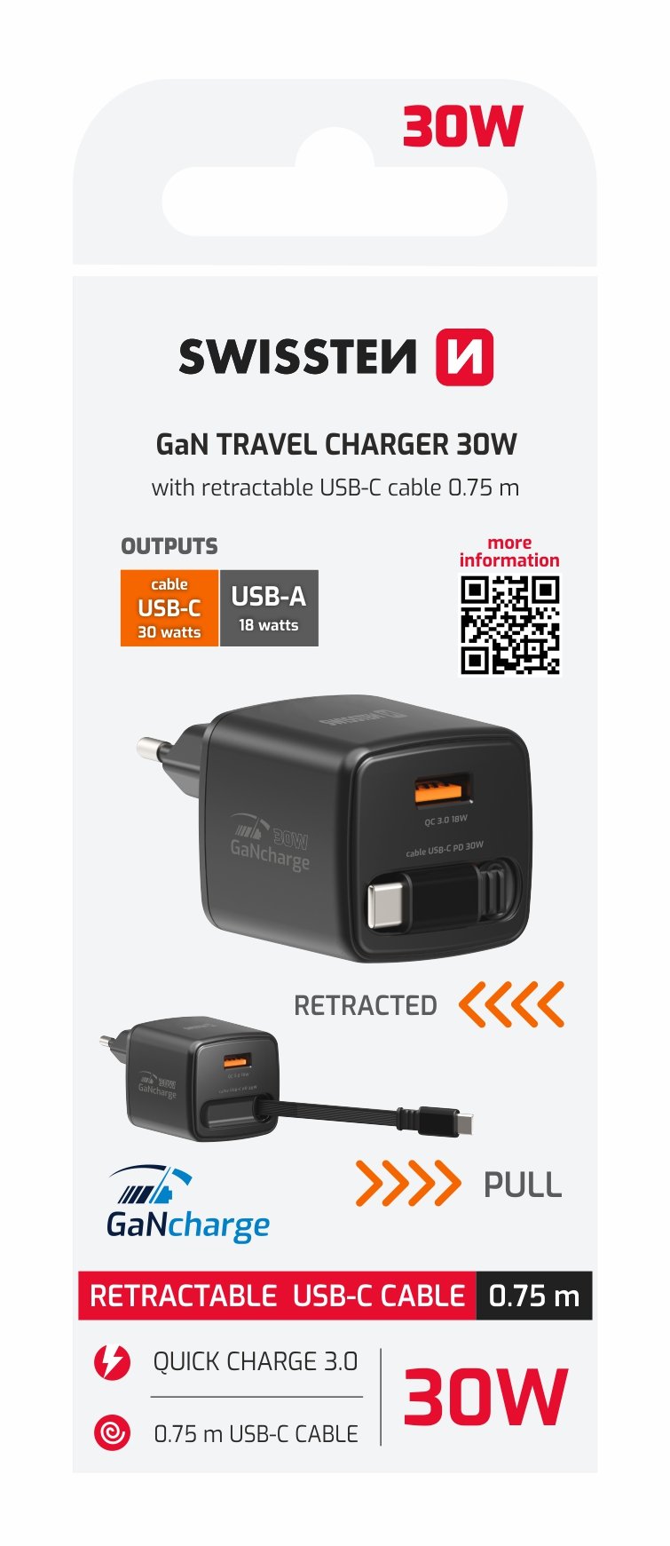Chargeur de voyage Swissten SlideCharge (30 W) - 22070202 - Noir