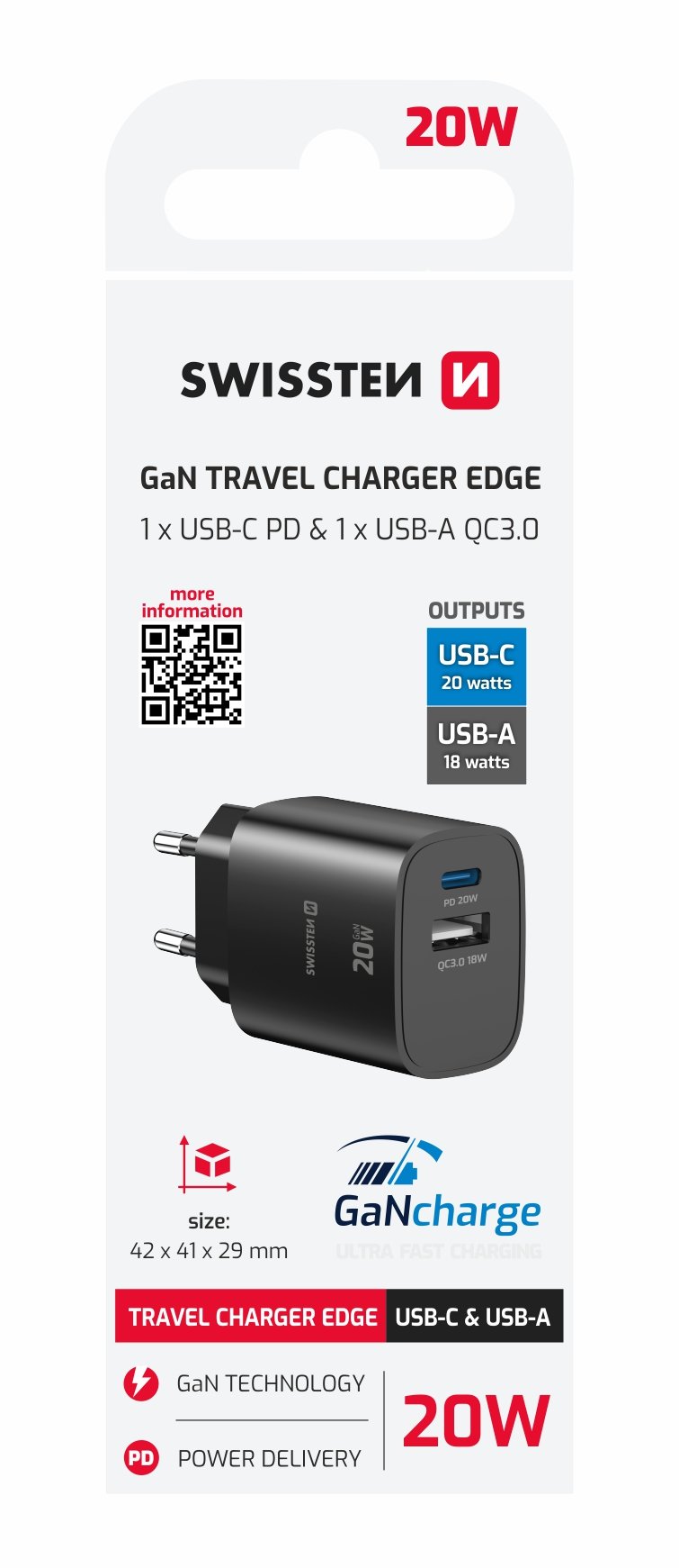 Chargeur de voyage Swissten Edge USB-C + USB-A (20 W) - 22071712 - Noir 2 Chargeur de voyage Swissten Edge USB-C + USB-A (20 W) - 22071712 - Noir