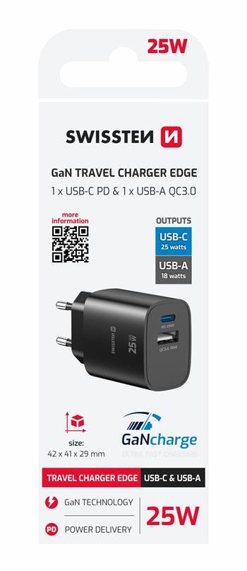 Chargeur de voyage Swissten Edge USB-C + USB-A (25W) - 22071714 - Noir 2 Chargeur de voyage Swissten Edge USB-C + USB-A (25W) - 22071714 - Noir
