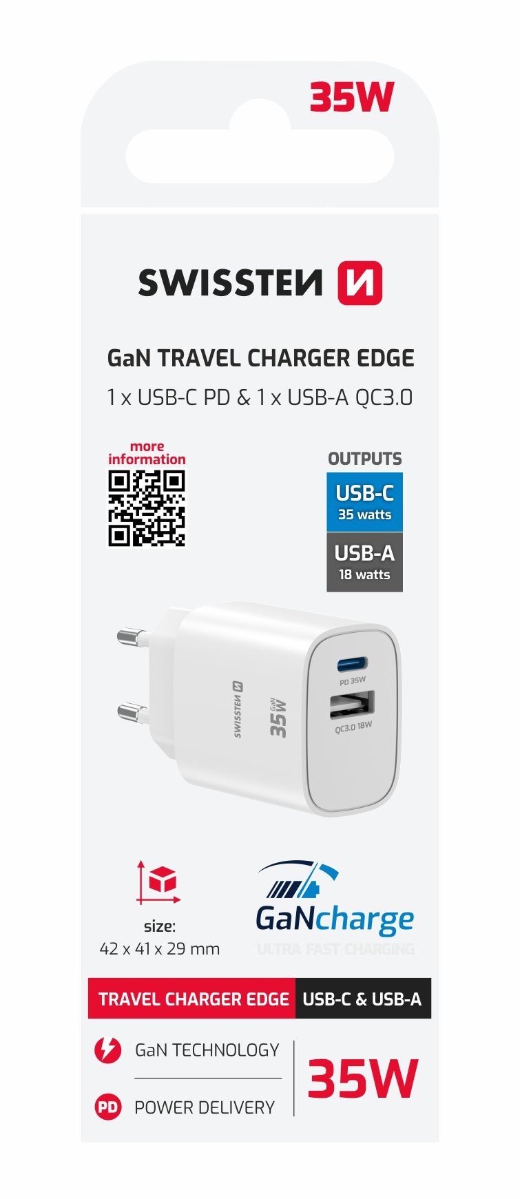 Chargeur de voyage Swissten Edge USB-C + USB-A (35W) - 22071717 - Blanc 2 Chargeur de voyage Swissten Edge USB-C + USB-A (35W) - 22071717 - Blanc