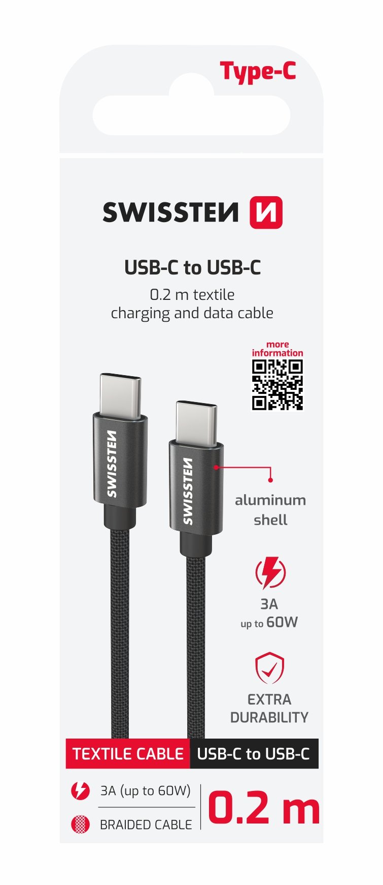 Câble USB-C textile Swissten - 71527208 - 0,2 m - Noir 2 Câble USB-C textile Swissten - 71527208 - 0,2 m - Noir